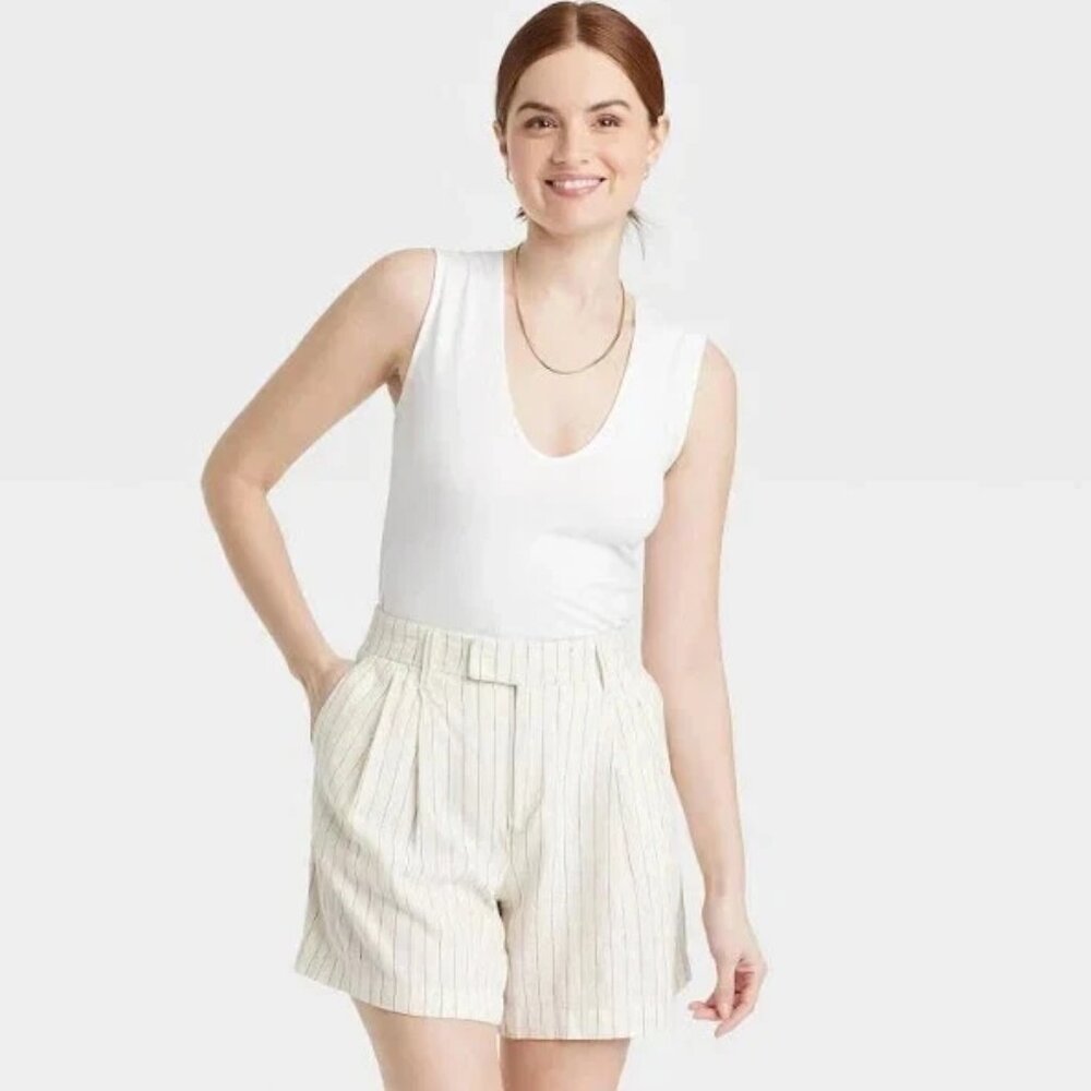 NWT A New Day Women's Size Medium White V-Neck Ribbed Tank Fashion Bodysuit